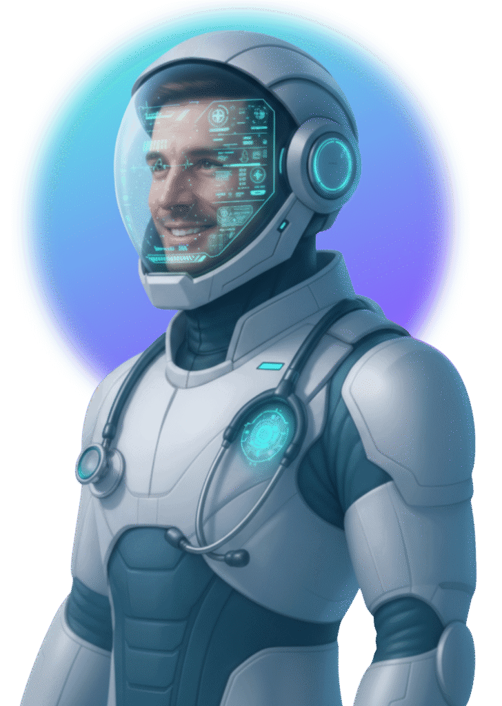 Doctornauta Dr Herz IA con casco futurista simboliza salud digital e inteligencia artificial para médicos hispanohablantes.