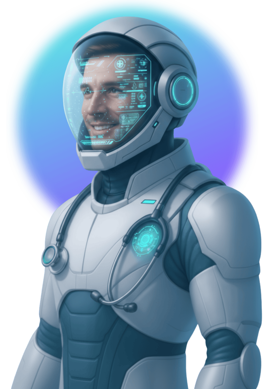 Doctornauta Dr Herz IA con casco futurista simboliza salud digital e inteligencia artificial para médicos hispanohablantes.